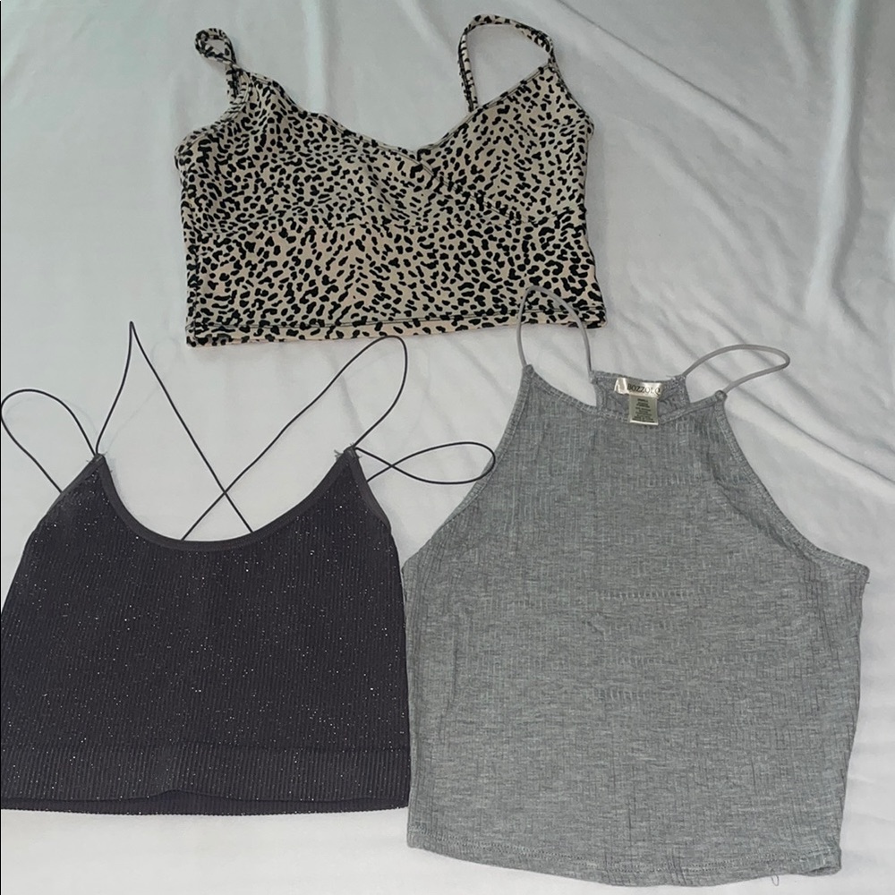 Bozzolo Leopard, Dark Sparkly Gray, and Light Gray Tank Tops